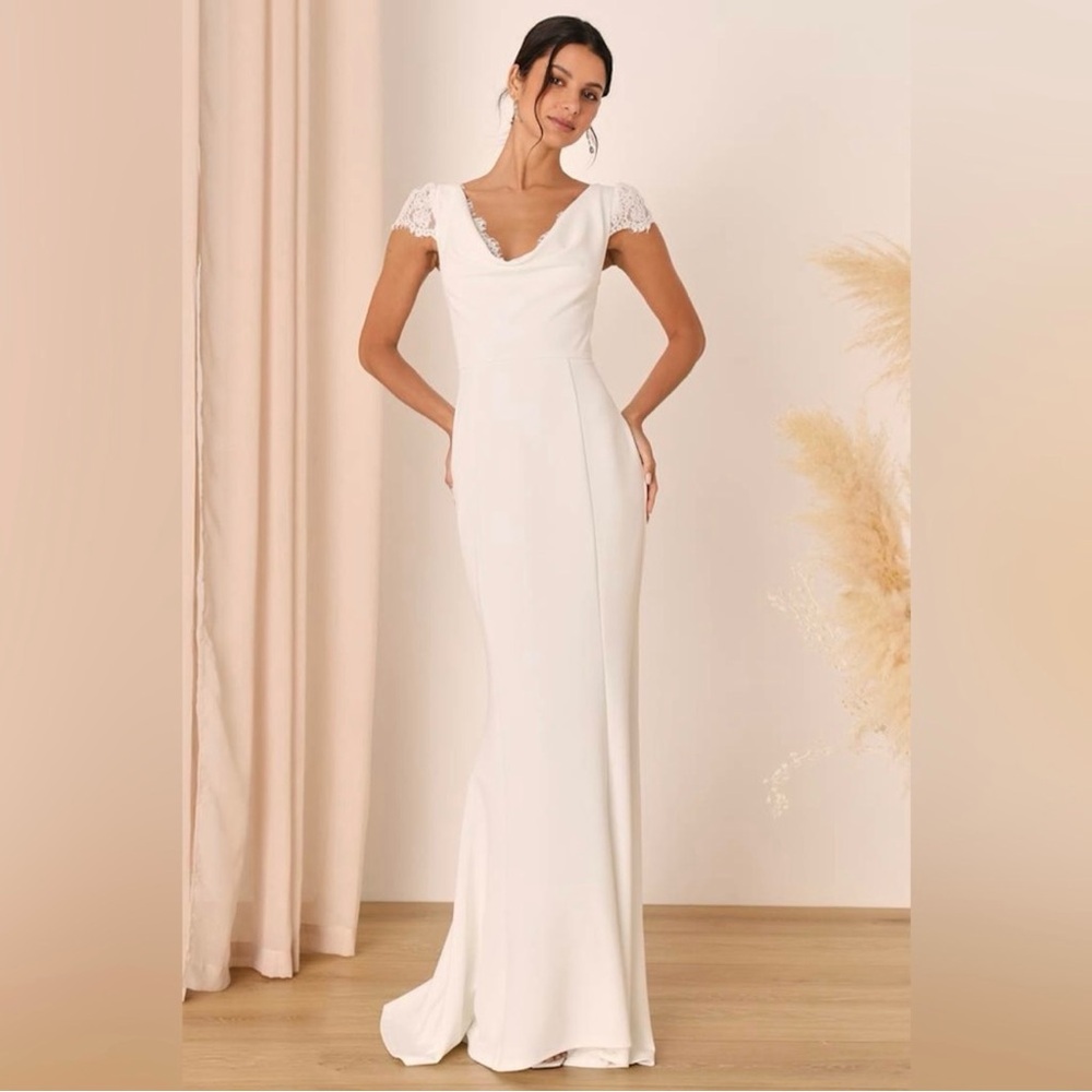 Lulus Forever Beloved Classic White Lace Cap Sleeve Mermaid Maxi Dress Size XXS
